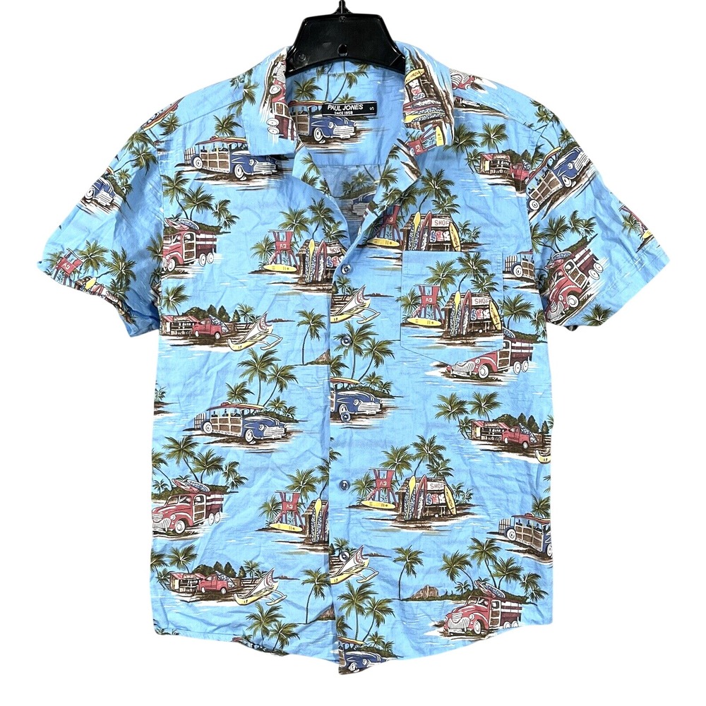 PAUL JONES Men's BLUE Hawaiian/Surf/Retro TWILL Short Sleeve BUTTON-UP Shirt S